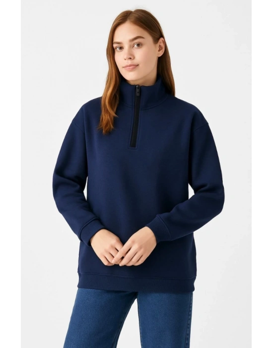 Üç İplik Dık Yaka Yarım Fermuarlı SweatShirt - Lacivert