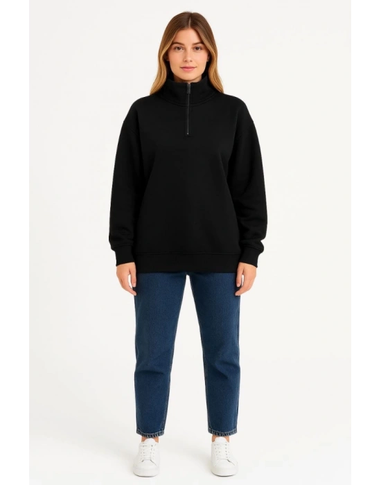 Üç İplik Dık Yaka Yarım Fermuarlı SweatShirt - Siyah