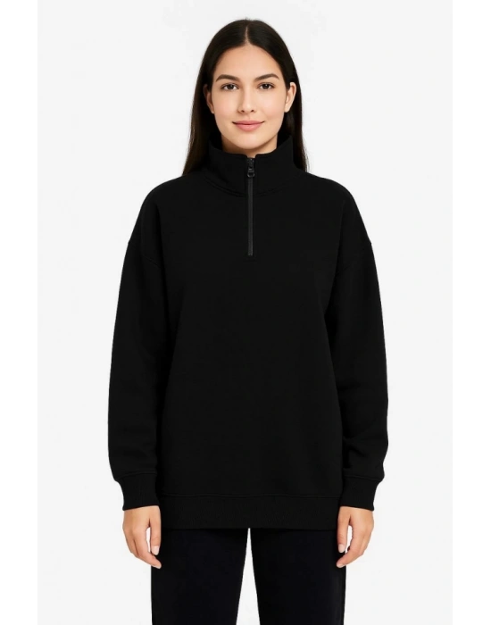 Üç İplik Dık Yaka Yarım Fermuarlı SweatShirt - Siyah