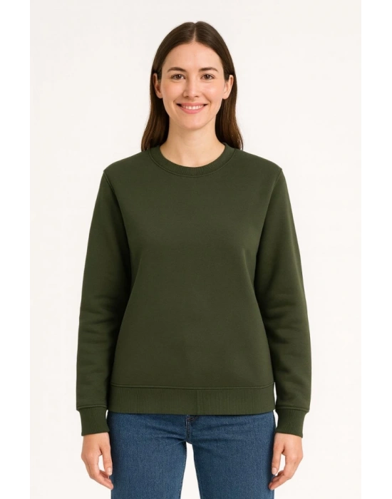 Üç İplik Düz Bisiklet Yaka SweatShirt - Haki