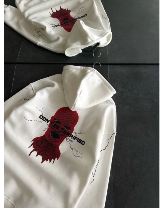 Üç İplik Kapşonlu Baskılı Oversize SweatShirt- Beyaz