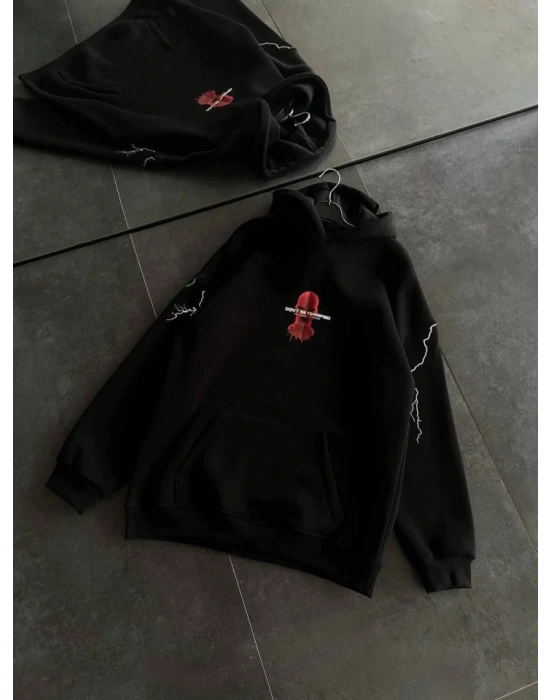Üç İplik Kapşonlu Baskılı Oversize SweatShirt- Siyah