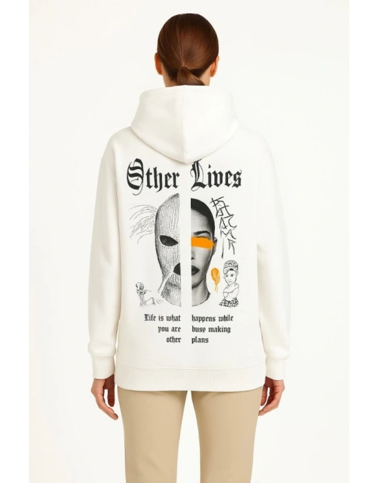 Üç İplik Kapşonlu ön Ve Arka Baskılı SweatShirt Hoodie- Beyaz