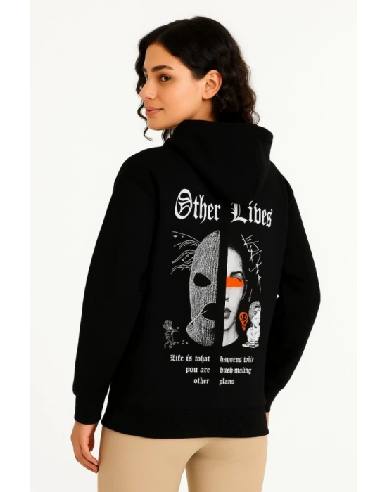 Üç İplik Kapşonlu ön Ve Arka Baskılı SweatShirt Hoodie- Siyah
