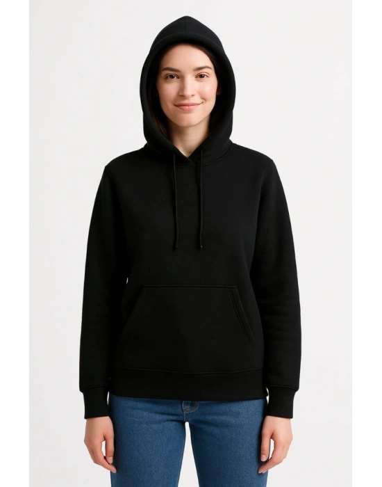 Üç İplik Kapüşonlu Kanguru Çepli SweatShirt Hoodie - Siyah