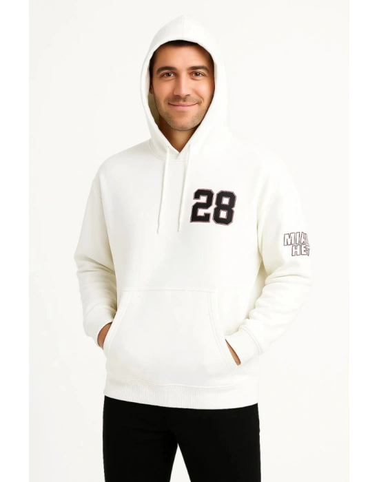 Üç İplik Kapüşonlu Ön Ve Arka Baskılı SweatShirt Hoodie - Beyaz