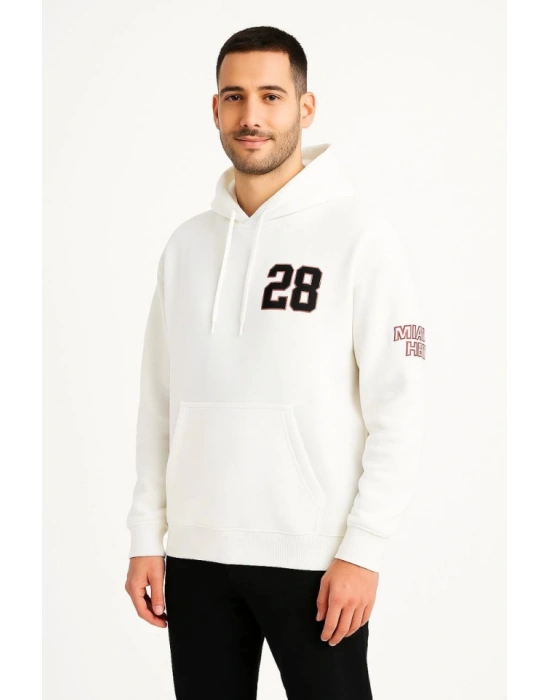 Üç İplik Kapüşonlu Ön Ve Arka Baskılı SweatShirt Hoodie - Beyaz