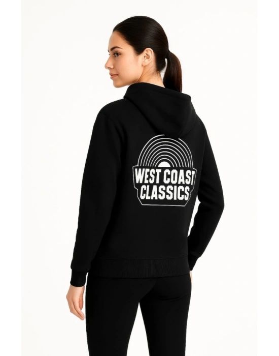 Üç İplik Kapüşonlu Ön Ve Arka Baskılı SweatShirt Hoodie - Siyah