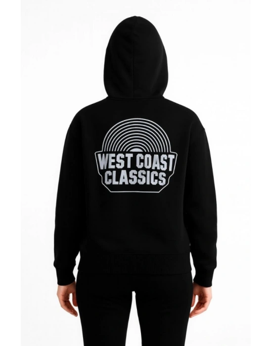 Üç İplik Kapüşonlu Ön Ve Arka Baskılı SweatShirt Hoodie - Siyah