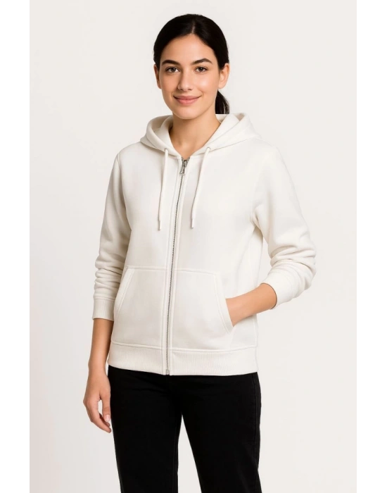 Üç İplik Kapüşonlu Tam Fermuarlı Kanguru Çepli SweatShirt Hoodie - Beyaz