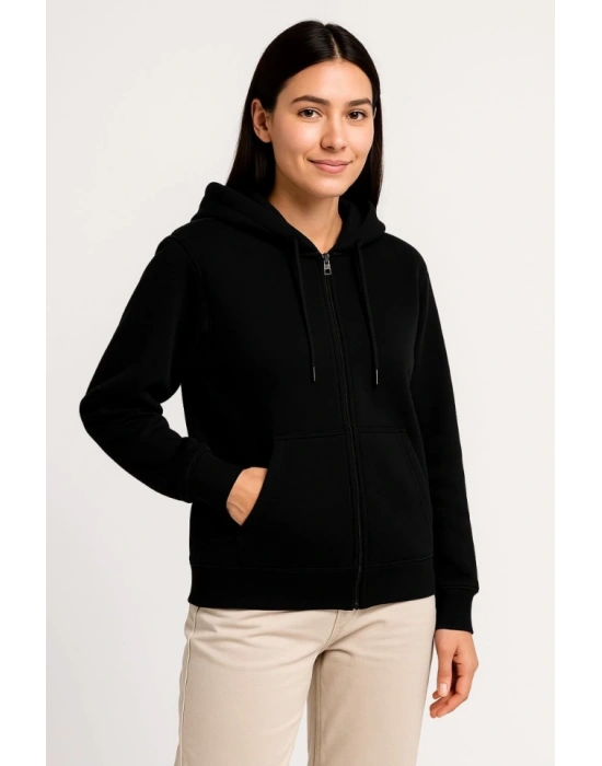 Üç İplik Kapüşonlu Tam Fermuarlı Kanguru Çepli SweatShirt Hoodie - Siyah
