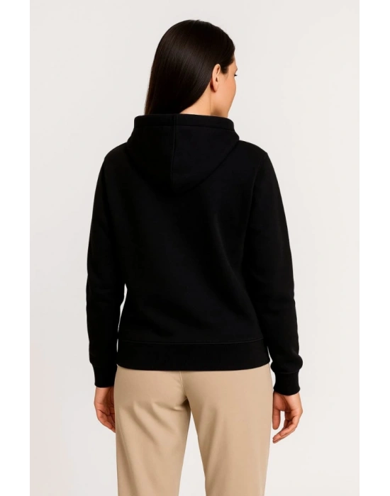 Üç İplik Kapüşonlu Tam Fermuarlı Kanguru Çepli SweatShirt Hoodie - Siyah