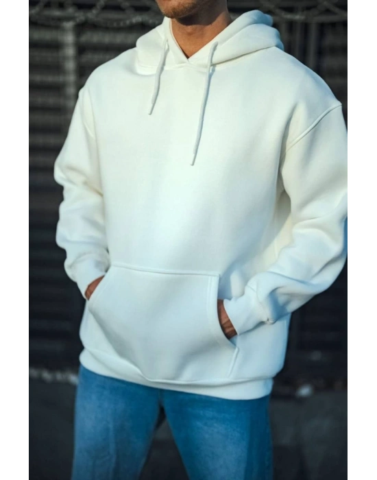 Üç İplik Penye Kapşonlu Basic SweatShirt - Beyaz