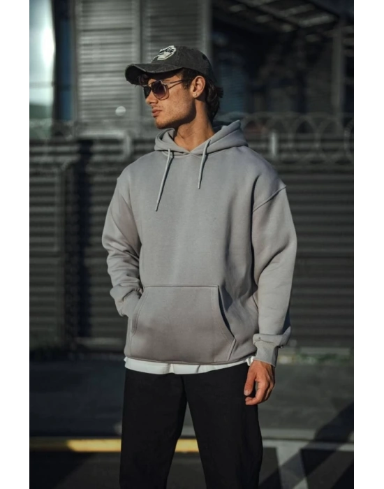 Üç İplik Penye Kapşonlu Basic SweatShirt - Boyalı Gri