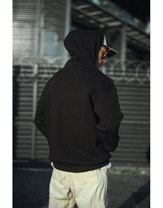Üç İplik Penye Kapşonlu Basic SweatShirt - Siyah