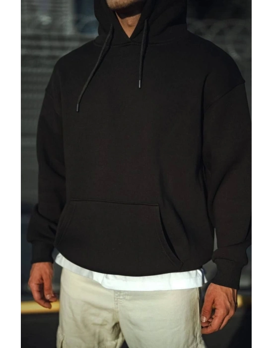 Üç İplik Penye Kapşonlu Basic SweatShirt - Siyah