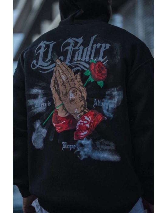Üç İplik Penye Kapşonlu Baskılı SweatShirt - Siyah