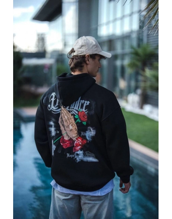Üç İplik Penye Kapşonlu Baskılı SweatShirt - Siyah