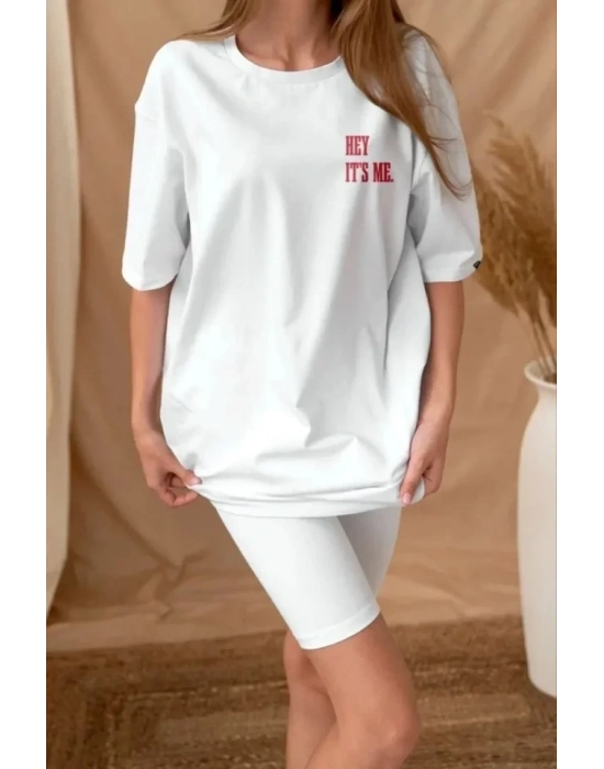 Unisex Baskılı Oversize T-Shirt - Beyaz