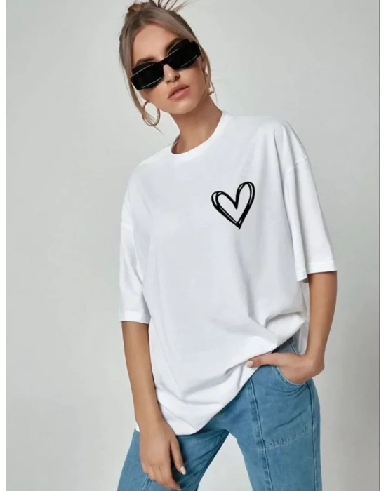 Unisex Baskılı Oversize T-Shirt - Beyaz