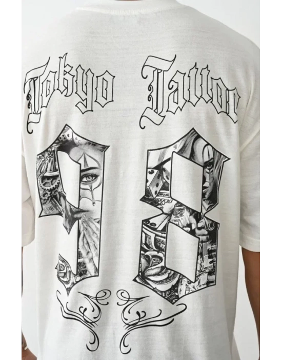 Unisex Baskılı Oversize T-Shirt - Beyaz