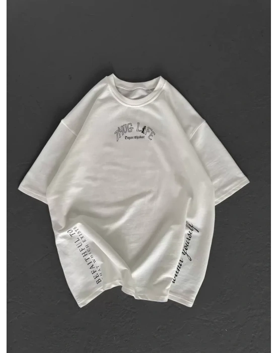 Unisex Baskılı Oversize T-Shirt - Beyaz