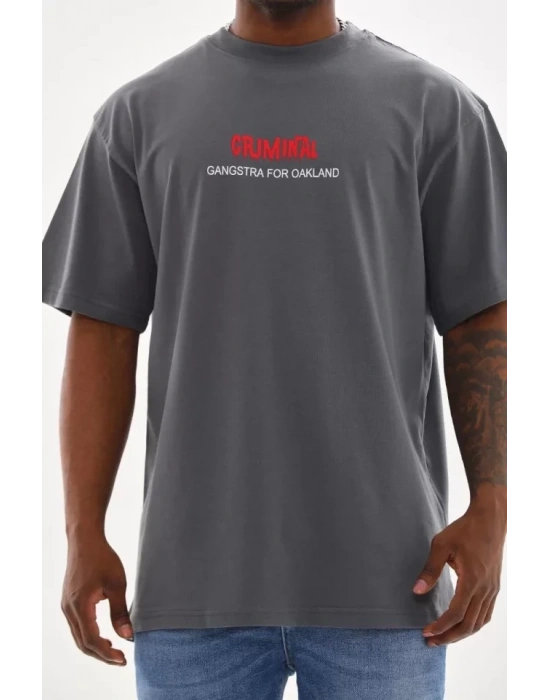 Unisex Baskılı Oversize T-Shirt - Füme