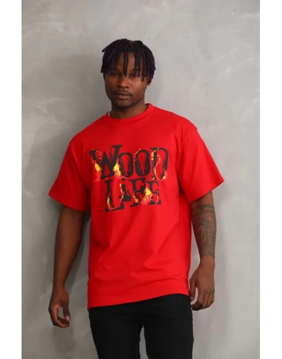 Unisex Baskılı Oversize T-Shirt - Kırmızı