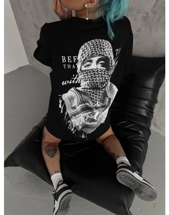 Unisex Baskılı Oversize T-Shirt - Siyah