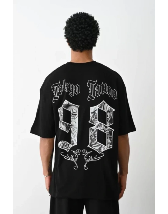 Unisex Baskılı Oversize T-Shirt - Siyah