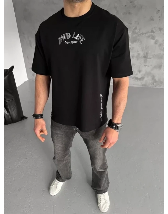 Unisex Baskılı Oversize T-Shirt - Siyah