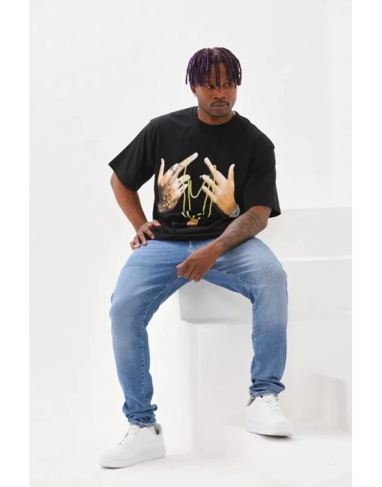 Unisex Baskılı Oversize T-Shirt - Siyah