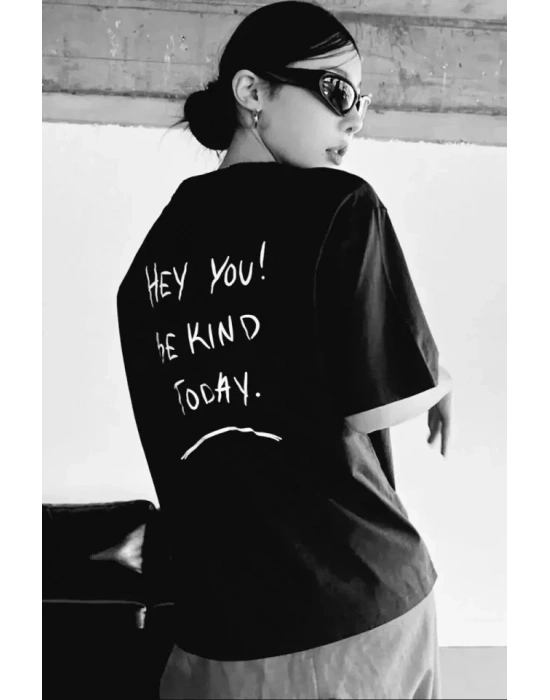 Unisex Baskılı Oversize T-Shirt - Siyah