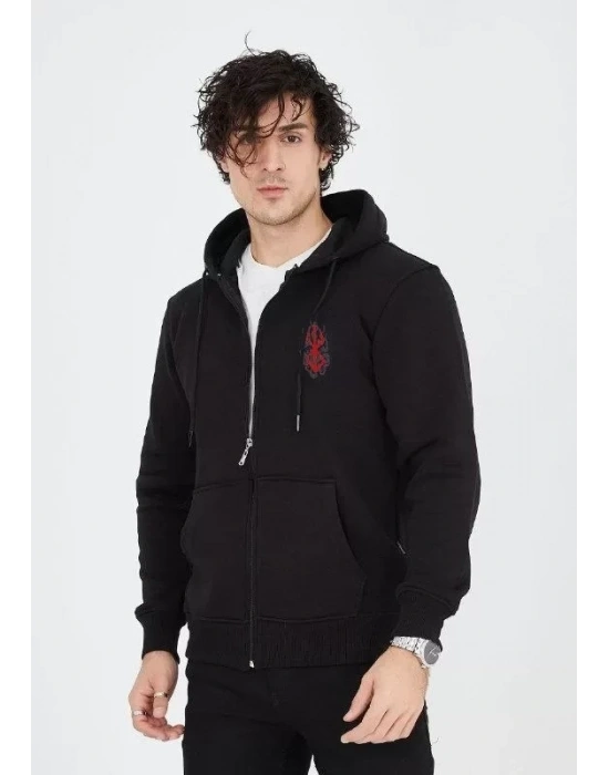 Unisex Baskılı Tam Fermuarlı Kapşonlu SweatShirt - Siyah