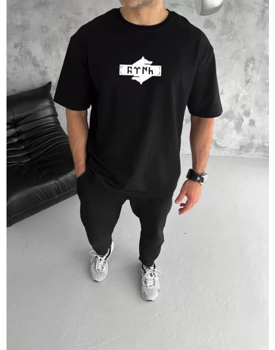 Unisex Bisiklet Yaka Baskılı Double Oversize T-Shirt - Siyah
