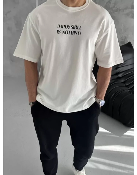 Unisex Bisiklet Yaka Baskılı Oversize T-Shirt - Beyaz