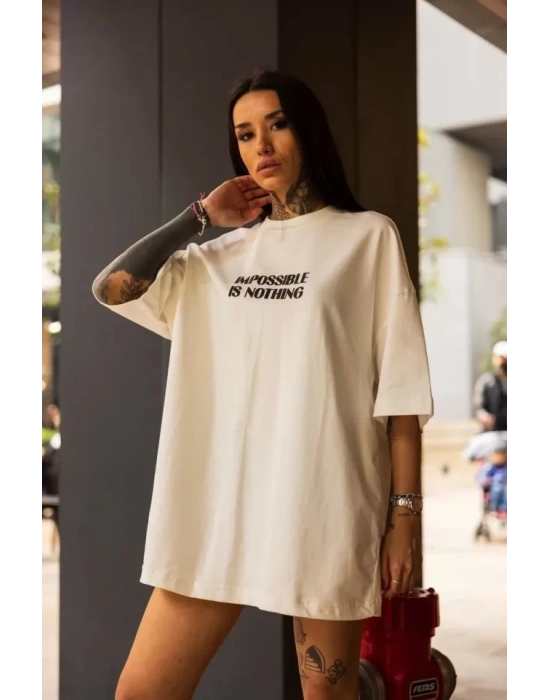 Unisex Bisiklet Yaka Baskılı Oversize T-Shirt - Beyaz