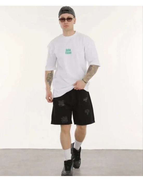Unisex Bisiklet Yaka Baskılı Oversize T-Shirt - Beyaz