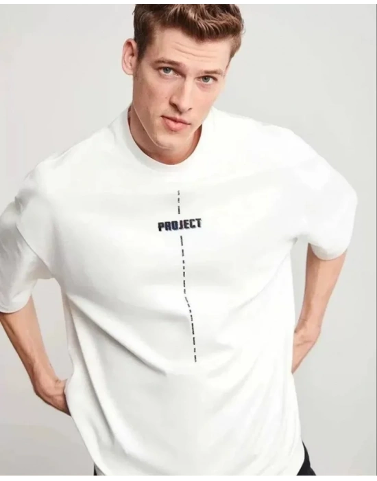 Unisex Bisiklet Yaka Baskılı Oversize T-Shirt - Beyaz