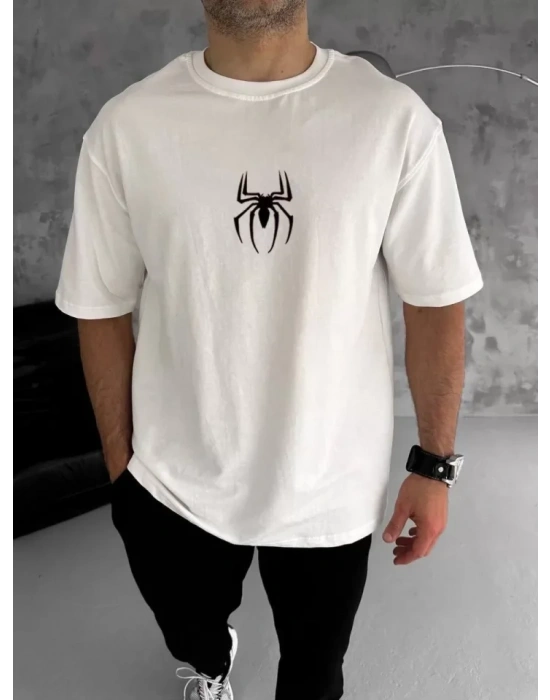 Unisex Bisiklet Yaka Baskılı Oversize T-Shirt - Beyaz