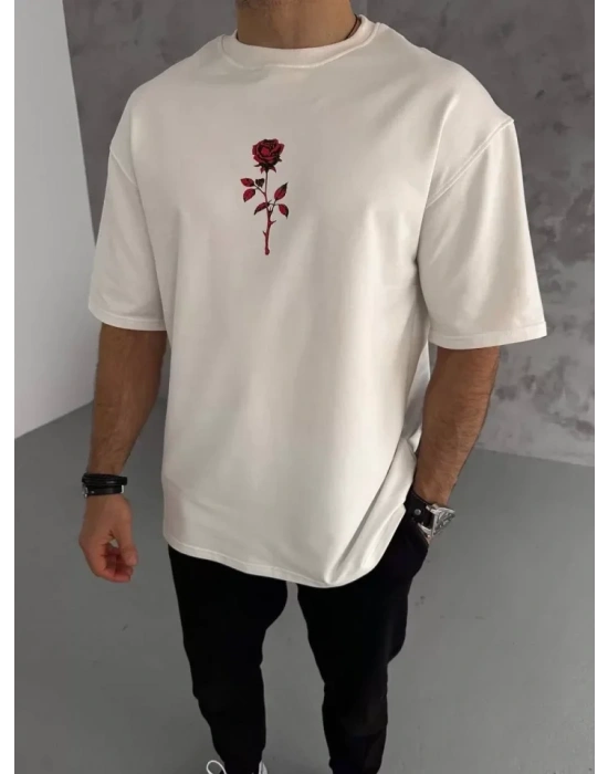 Unisex Bisiklet Yaka Baskılı Oversize T-Shirt - Beyaz