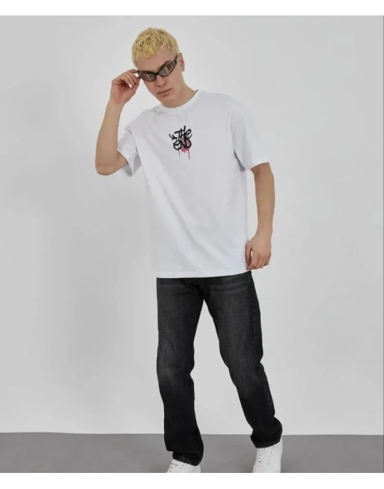 Unisex Bisiklet Yaka Baskılı Oversize T-Shirt - Beyaz
