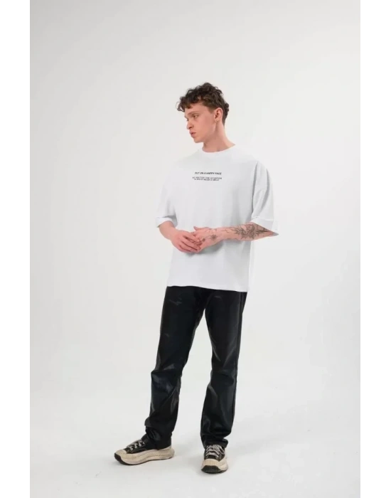 Unisex Bisiklet Yaka Baskılı Oversize T-Shirt - Beyaz