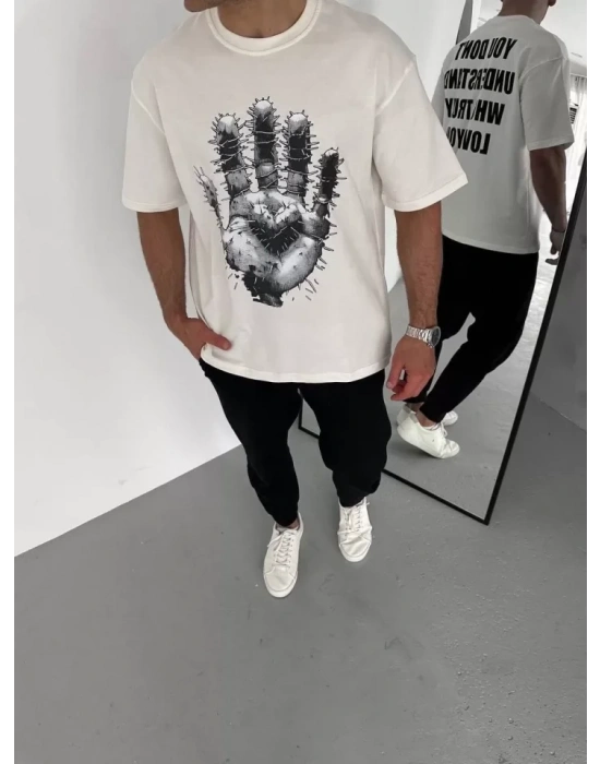 Unisex Bisiklet Yaka Baskılı Oversize T-Shirt - Beyaz