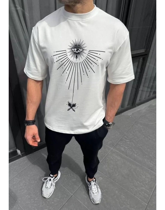 Unisex Bisiklet Yaka Baskılı Oversize T-Shirt - Beyaz