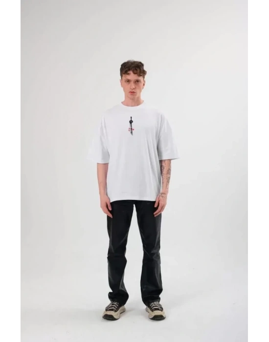 Unisex Bisiklet Yaka Baskılı Oversize T-Shirt - Beyaz