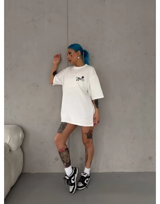 Unisex Bisiklet Yaka Baskılı Oversize T-Shirt - Beyaz