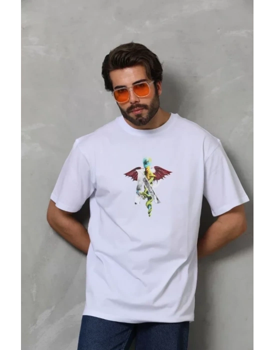 Unisex Bisiklet Yaka Baskılı Oversize T-Shirt - Beyaz