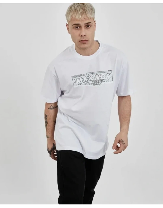 Unisex Bisiklet Yaka Baskılı Oversize T-Shirt - Beyaz