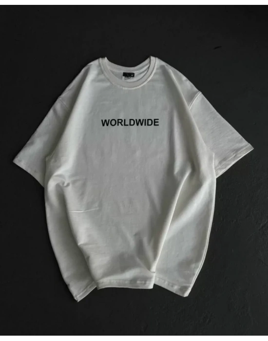 Unisex Bisiklet Yaka Baskılı Oversize T-Shirt - Beyaz